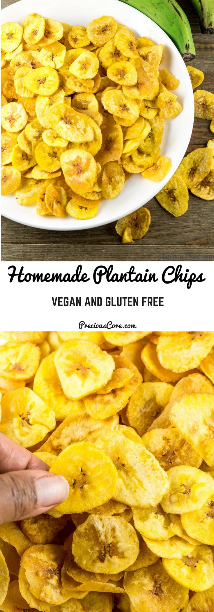 Collage with text \"Homemade Plantain Chips Vegan and Gluten Free.\"