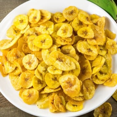 Plantain Chips on a white plate.