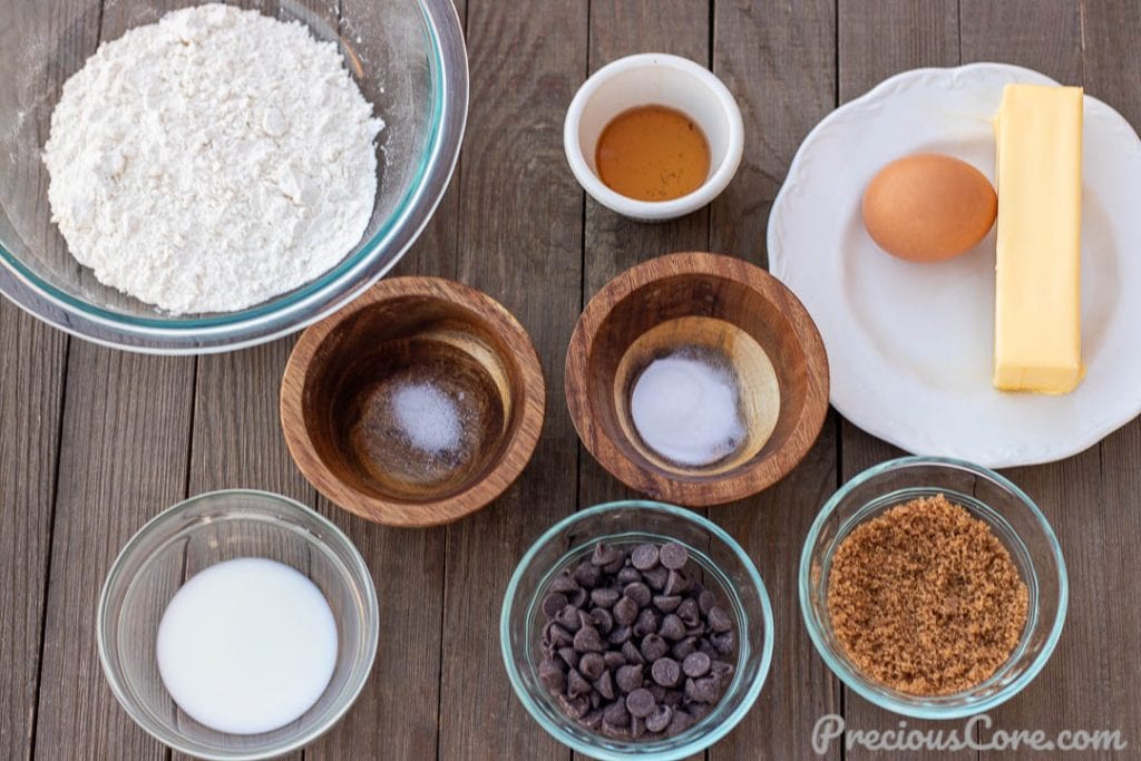 All ingredients for chocolate chip cookies