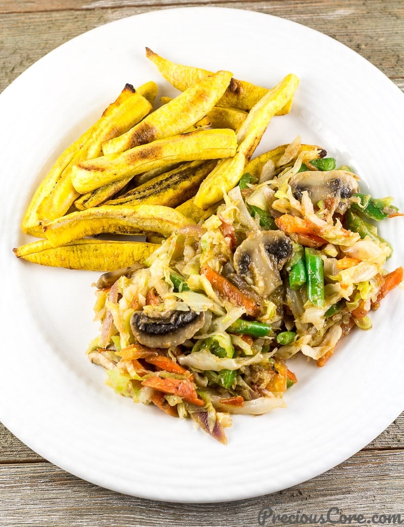 Cameroon Cabbage stew and plantains. Mixed vegetables with cabbage.