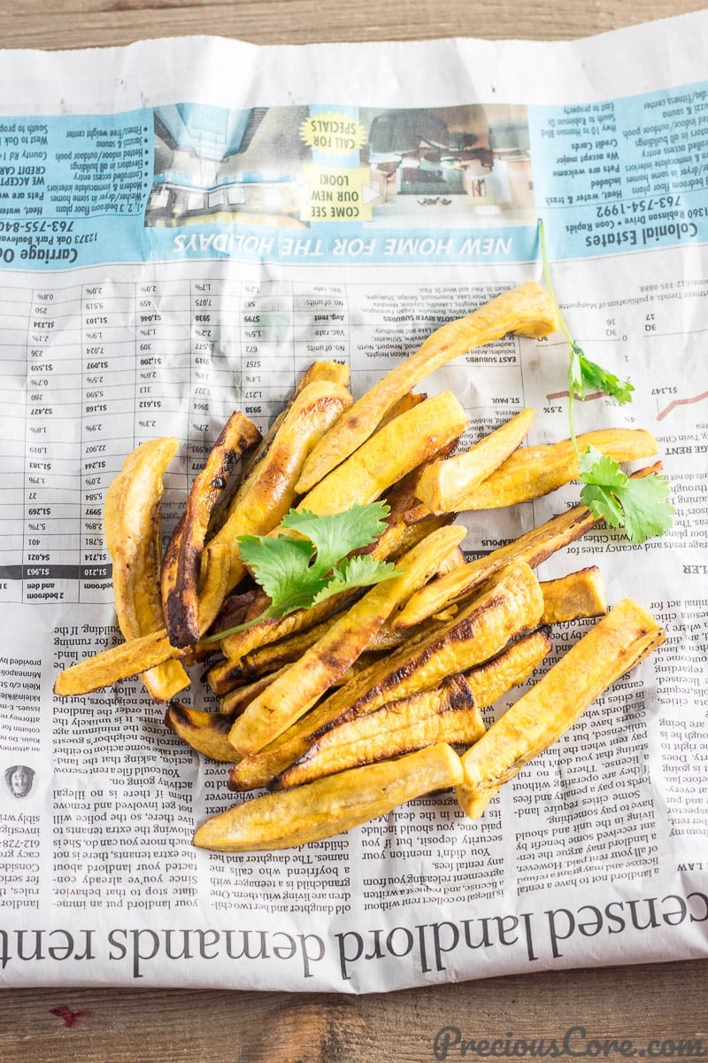 Plantain Fries garnished with cilantro.