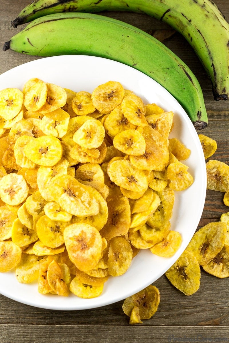 Homemade Plantain Chips on a white plate.