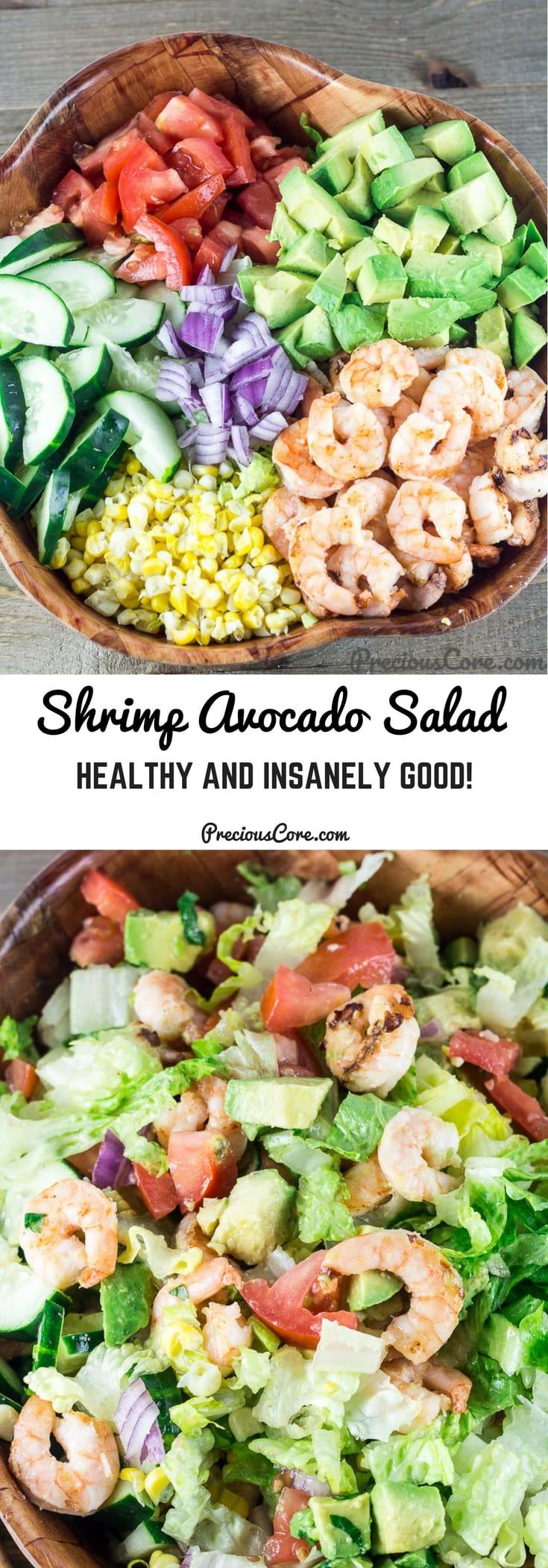 This Shrimp Avocado Salad is so tasty, fresh, filling, and so easy to make. The citrus dressing that goes on top is to die for. Make this for a quick dinner or an appetizer. Get the recipe on Precious Core. #salads #healthy #seafood #veggies