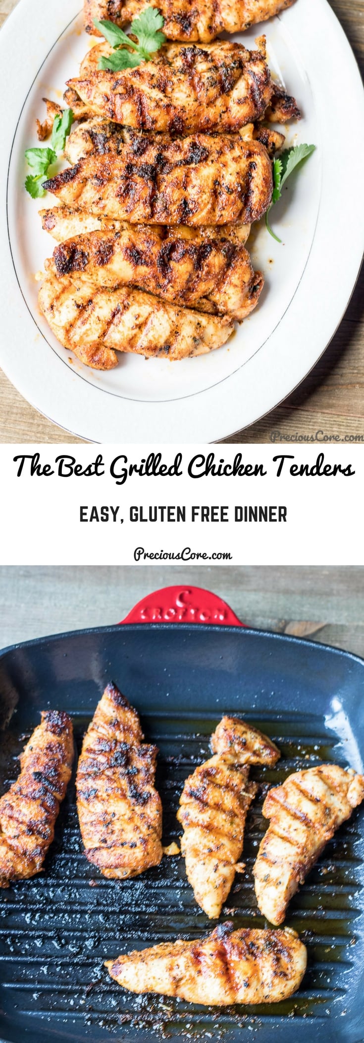 These grilled chicken tenders! They are incredibly tasty and ready in no time! Perfect for those days when you need a quick meal but you do not have loads of time to slave in the kitchen. My kids absolutely adore this and start eating it when it is still hot out of the grill pan. Make this recipe, friends! Get the recipe on Precious Core. #GrilledChicken #SummerRecipes #GlutenFree #Grilling