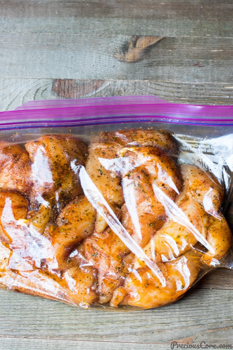 Chicken tenders marinated in a Ziploc bag