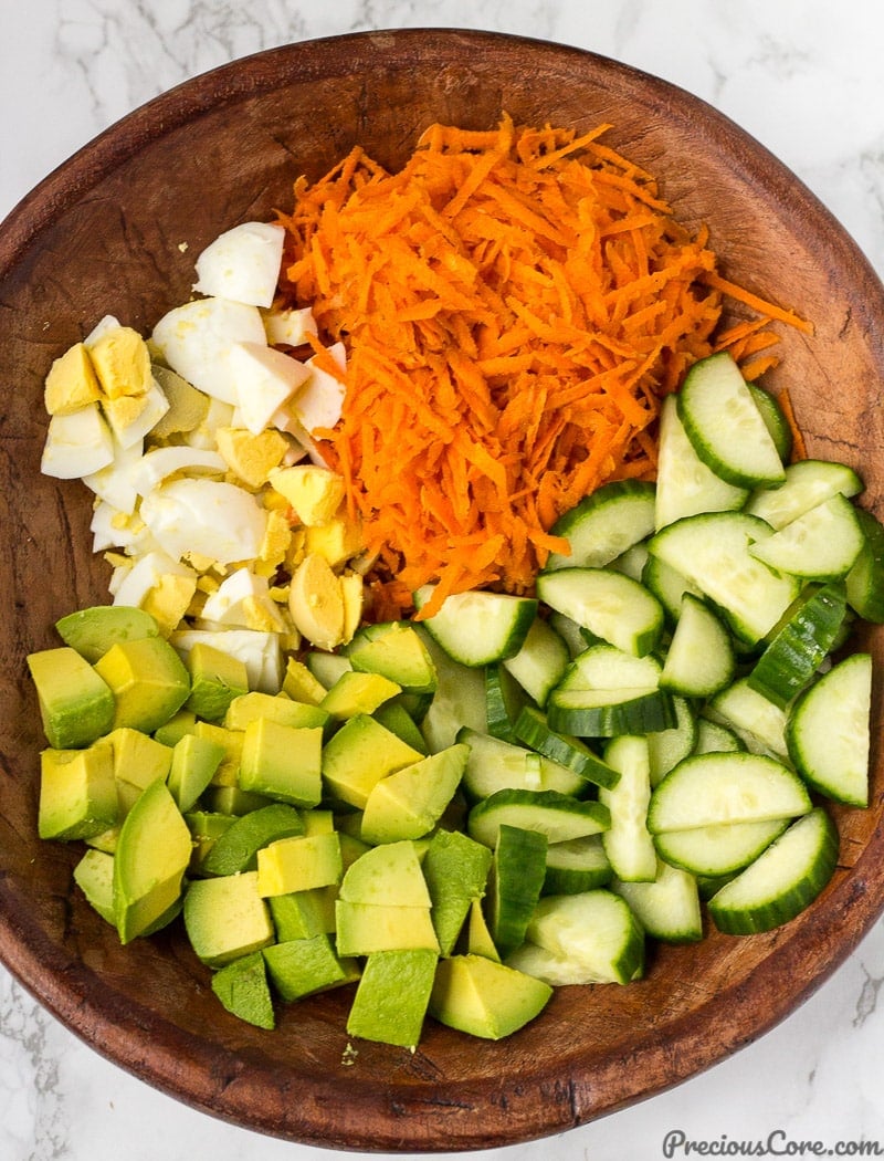 Chopped ingredients in a bowl for Breakfast Salad