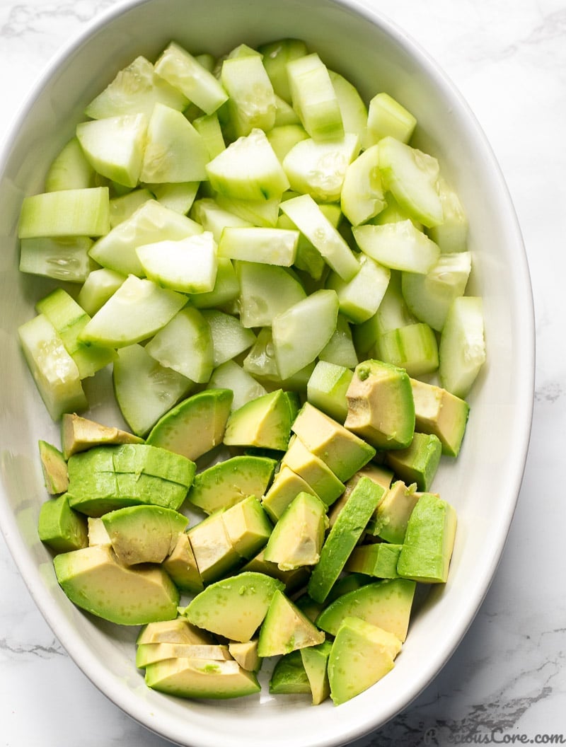 Chopped Cucumber Avocado Salad ingredients in a bowl