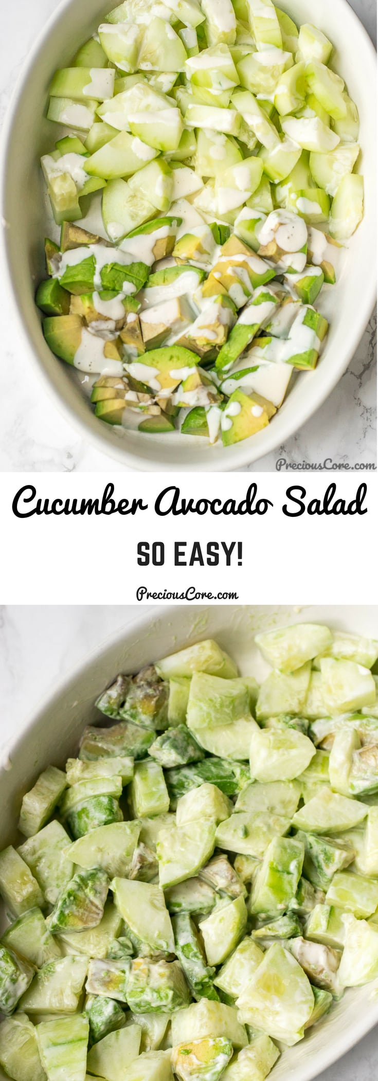 This Cucumber Avocado Salad is fresh, crunchy, creamy, slightly tangy, slightly sweet and the best part is it is so easy to make! This Cucumber Mango Salad is great for potlucks, picnics or as a barbecue side dish. Get the full recipe on Precious Core. #salads #summerrecipes #grilling