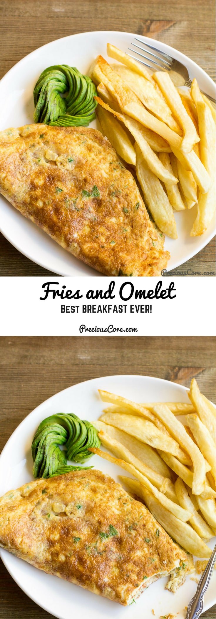 Collage of food with text \"Fries and Omelet Best Breakfast Ever!\"