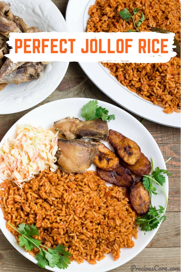 Plates of food with text \"Perfect Jollof Rice.\"