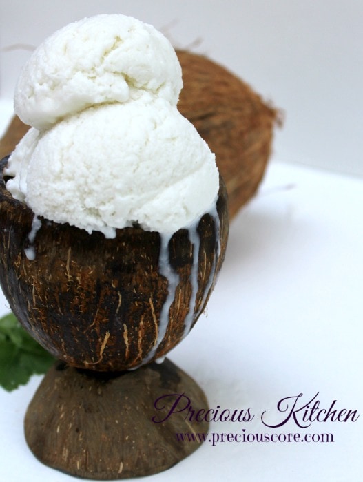 Coconut ice cream in a coconut shell.