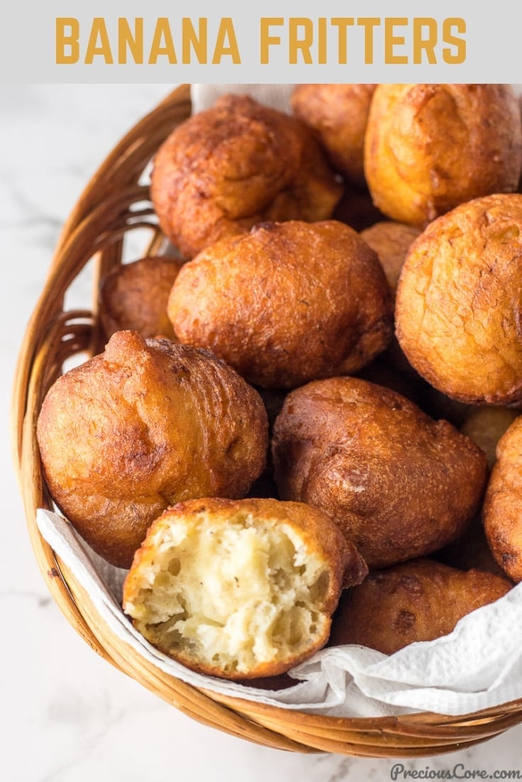 These banana fritters are the perfect way to use up your overripe bananas. They are sweet, but not overly sweet as they do not contain any added sugar. They are soft, fluffy with a rich flavor from the bananas. Enjoy for breakfast, snack time or dessert. #Breakfast #Snacks #Desserts #PreciousCore