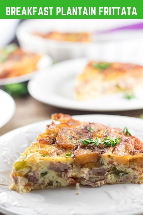 Slice of plantain frittata on a white plate.