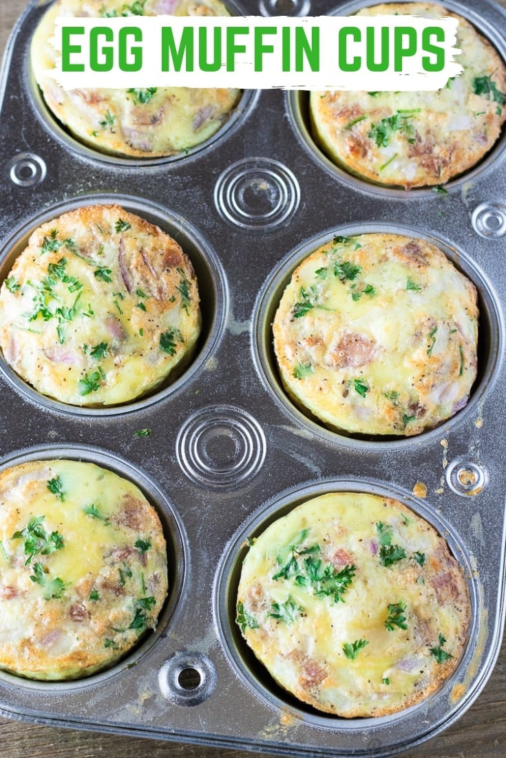 Muffin pan of mini-frittatas with text \"Egg Muffin Cups.\"
