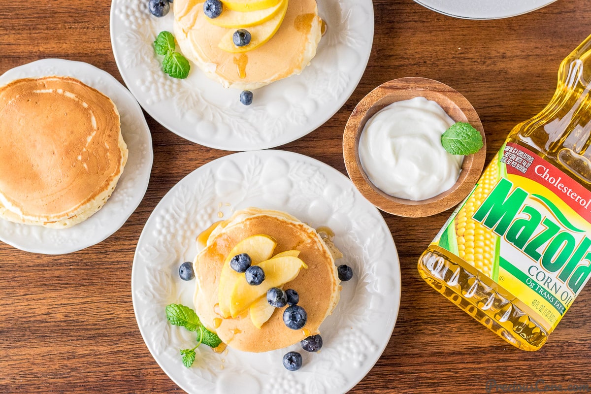 Healthier old fashioned pancakes served with Greek yogurt and fruit