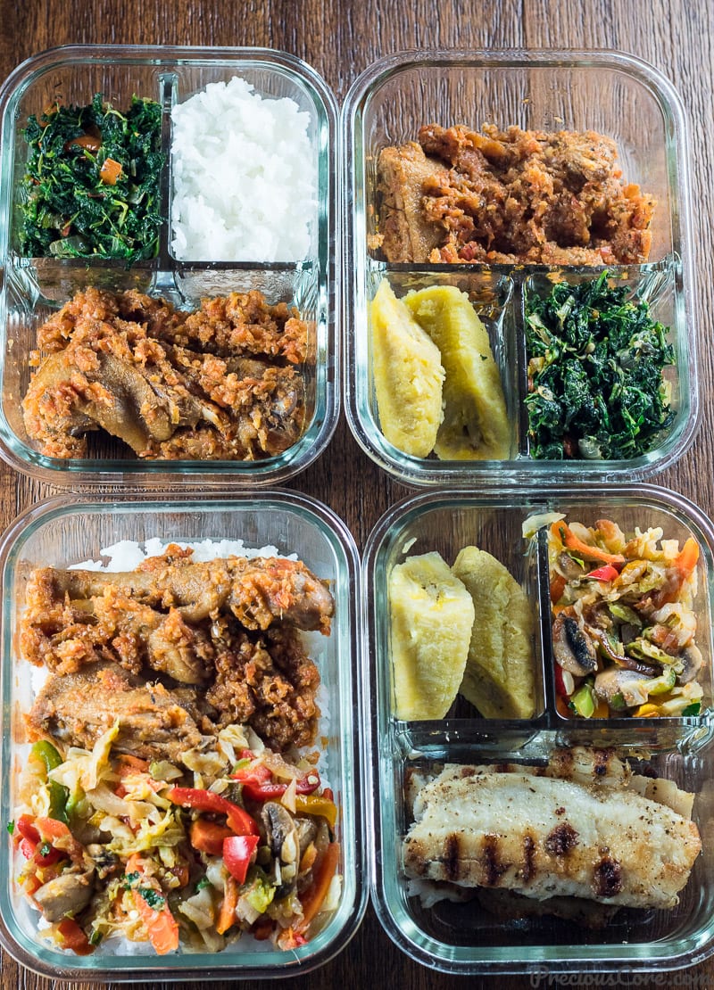 Meal Prep Bowls loaded with chicken or fish, veggies and rice or plantains. Learn how to meal prep for lunch for a full work week on Precious Core. #MealPrep #LunchBowls #BacktoSchool #PreciousCore