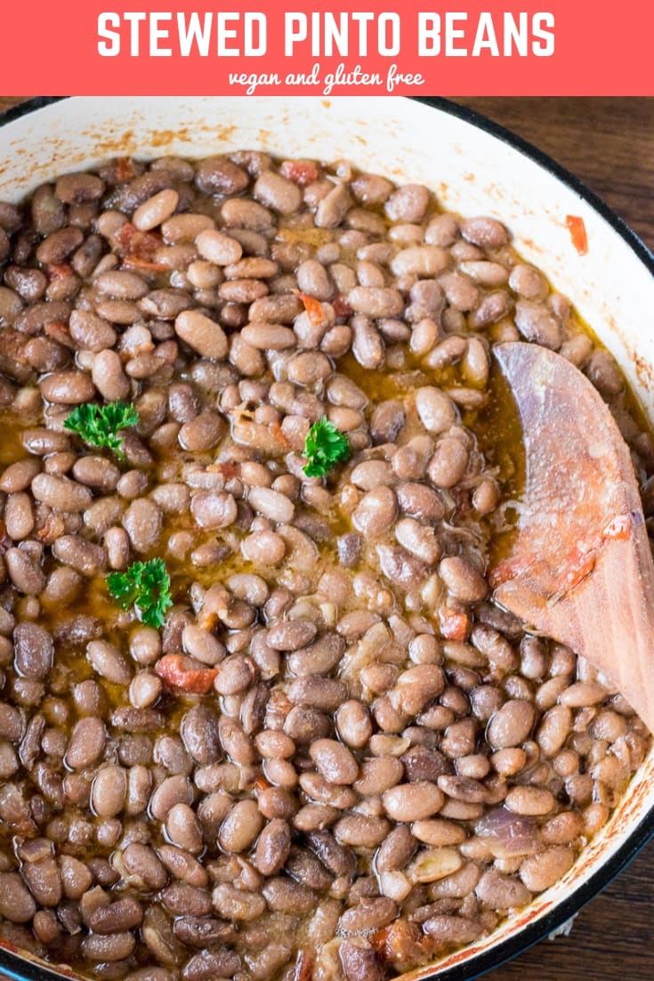 Wooden spoon in a pot of stewed pinto beans.