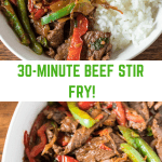 Beef stir fry and rice in a bowl and beef stir fry in a large bowl