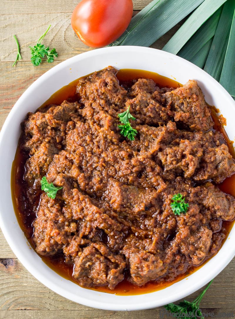 White bowl of African Beef Stew.