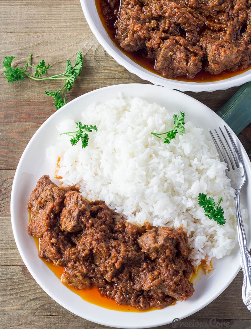 African Beef Stew on a plate with rice.