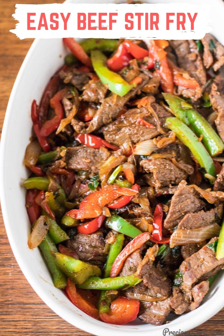 Easy Beef Stir Fry in a white bowl.