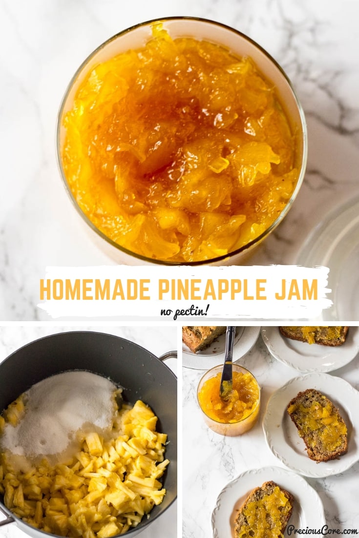 Homemade Pineapple Jam made without pectin. In fact, you only need 3 simple ingredients. Bring the taste of the tropics to your home via this Pineapple Jam Recipe. #Breakfast #Jam #PineappleJam #PreciousCore