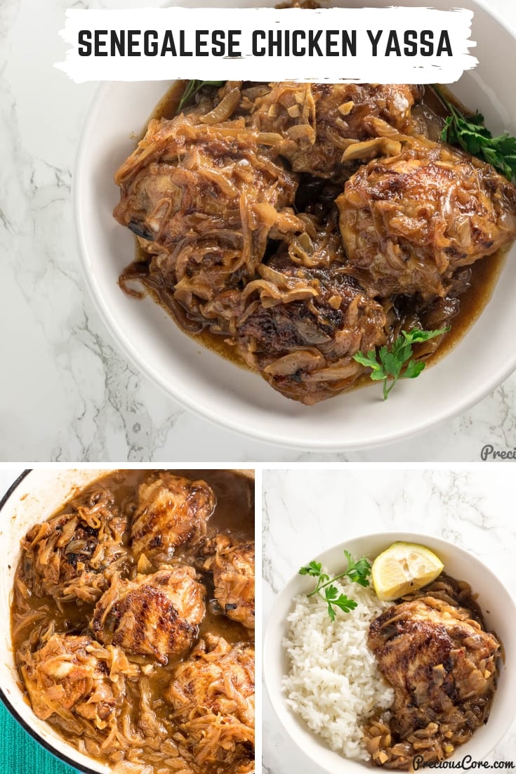 Collage of chicken with text \"Senegalese Chicken Yassa.\"