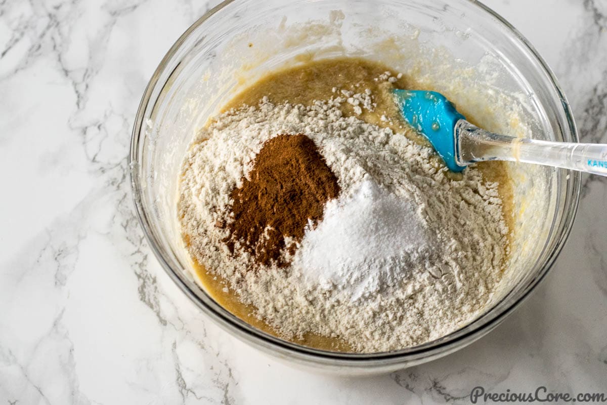 Adding dry ingredients for Easy Moist Banana Bread Recipe