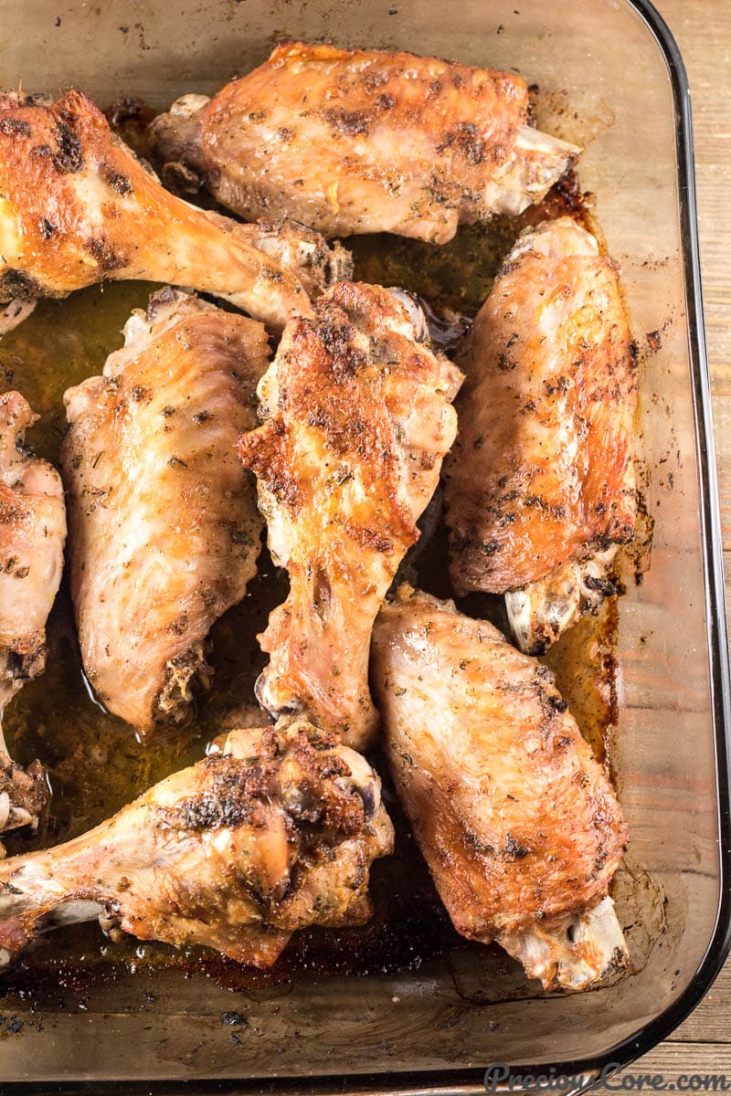 Baked Turkey Wings in baking dish.