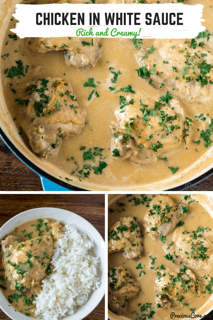 Creamy Chicken in White Sauce in a cast iron braiser.