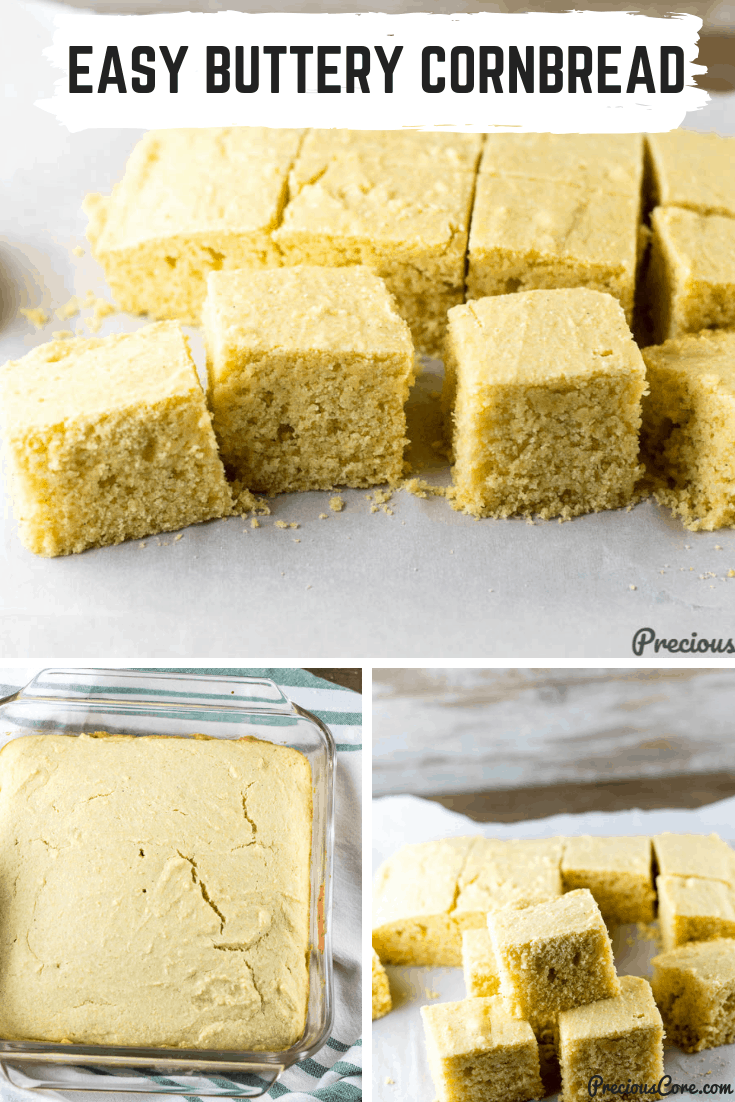 This Easy Cornbread Recipe is the one and only cornbread recipe you will ever need! The cornbread is moist, buttery, crispy around the edges and just a delight to enjoy. #cornbread #thanksgiving #easycornbread #southernrecipes #PreciousCore