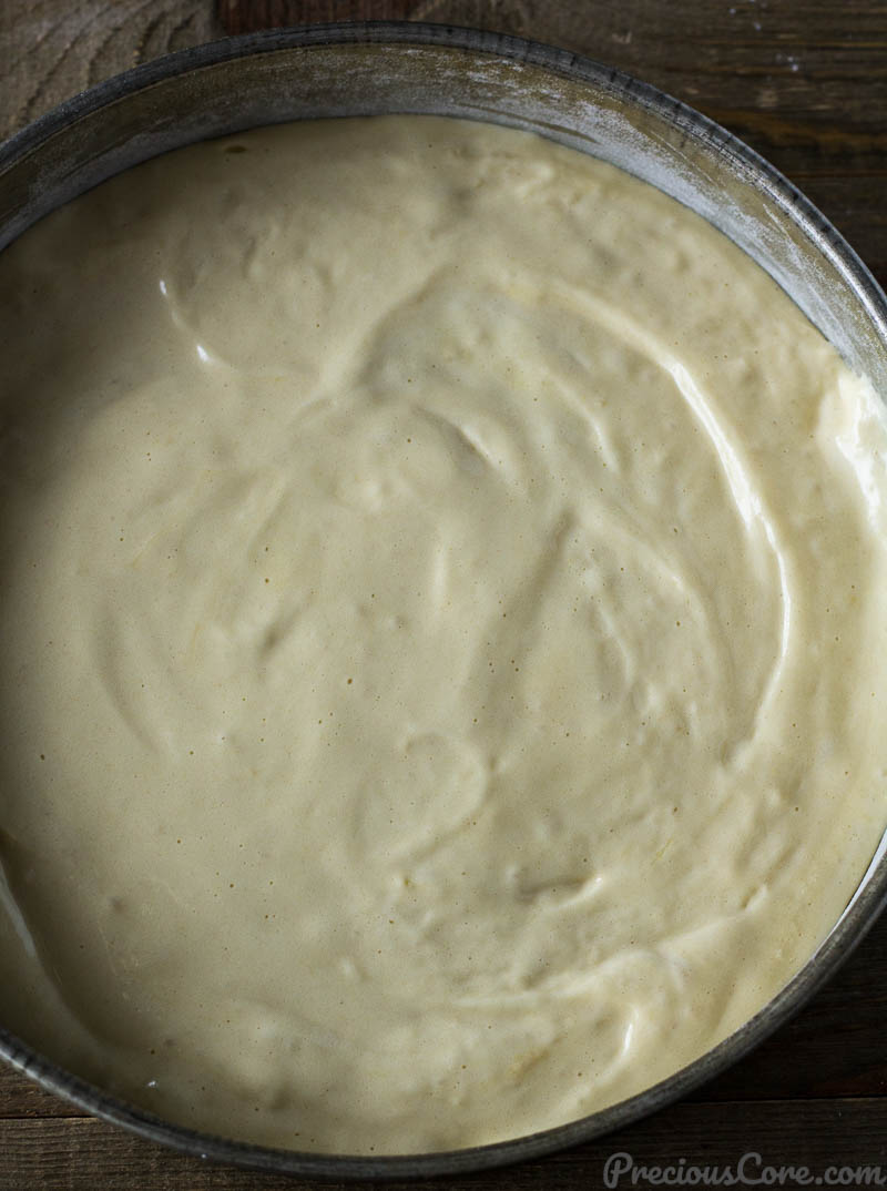 Vanilla Sponge Cake batter in a cake pan.