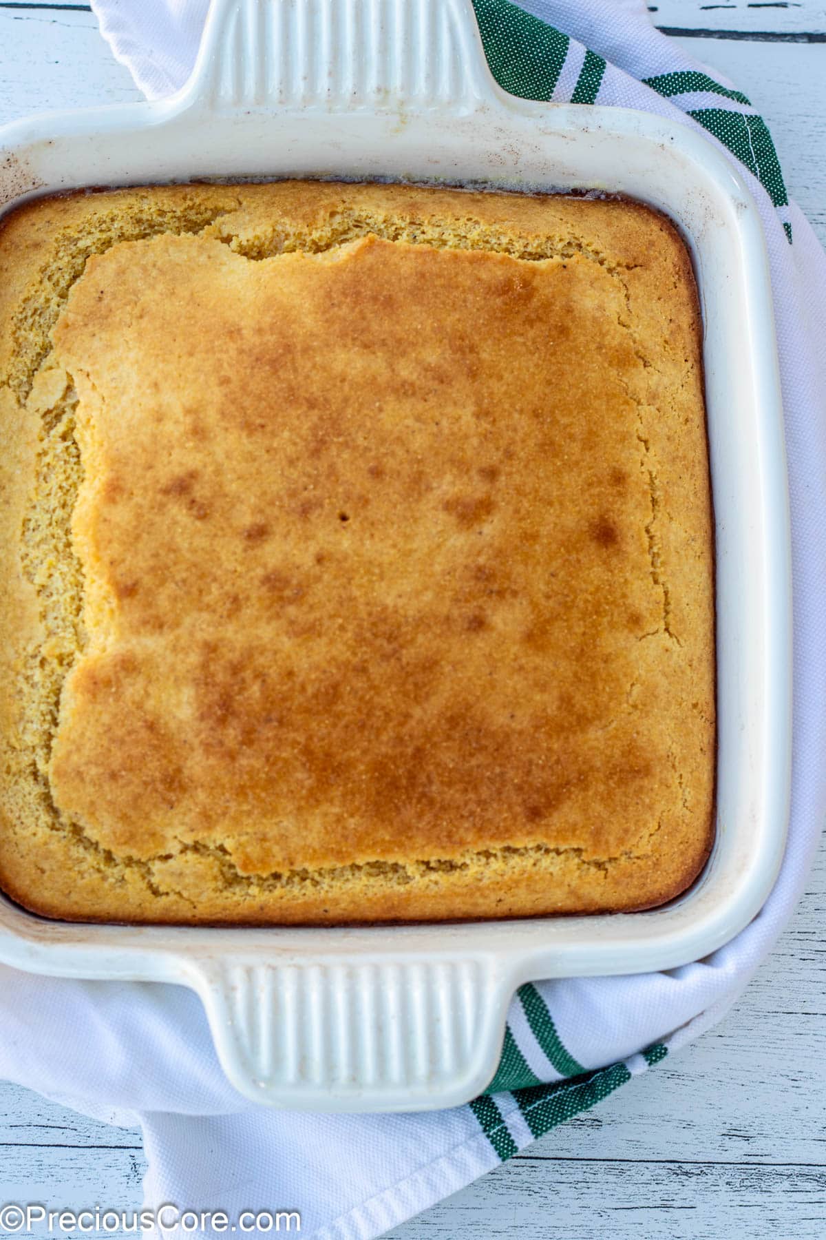 Cornbread in square baking dish.