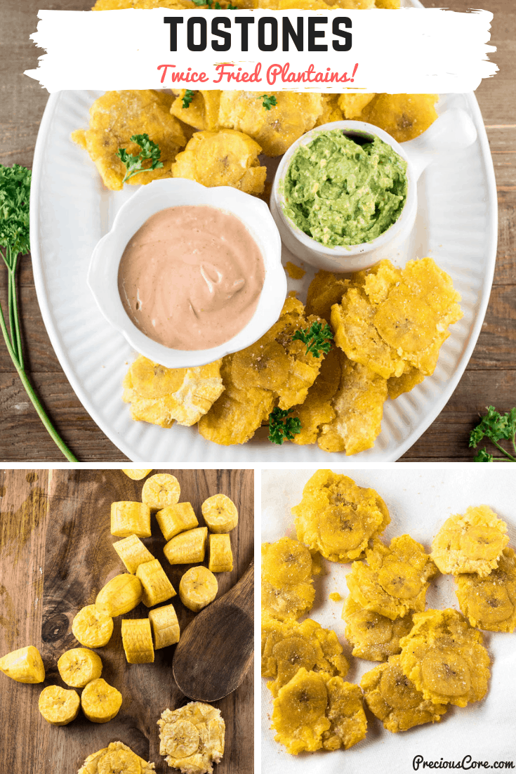 Collage with text \"Tostones Twice Fried Plantains!\"