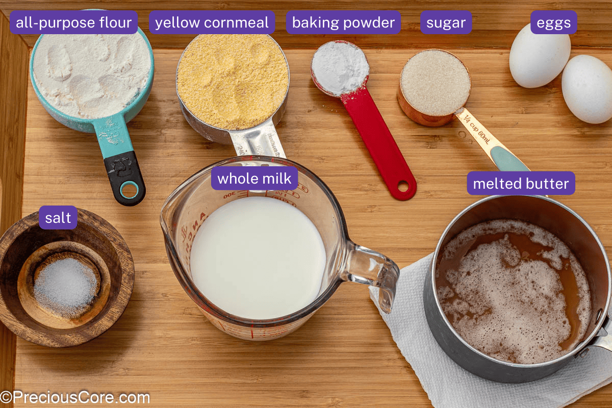 Labeled cornbread ingredients.