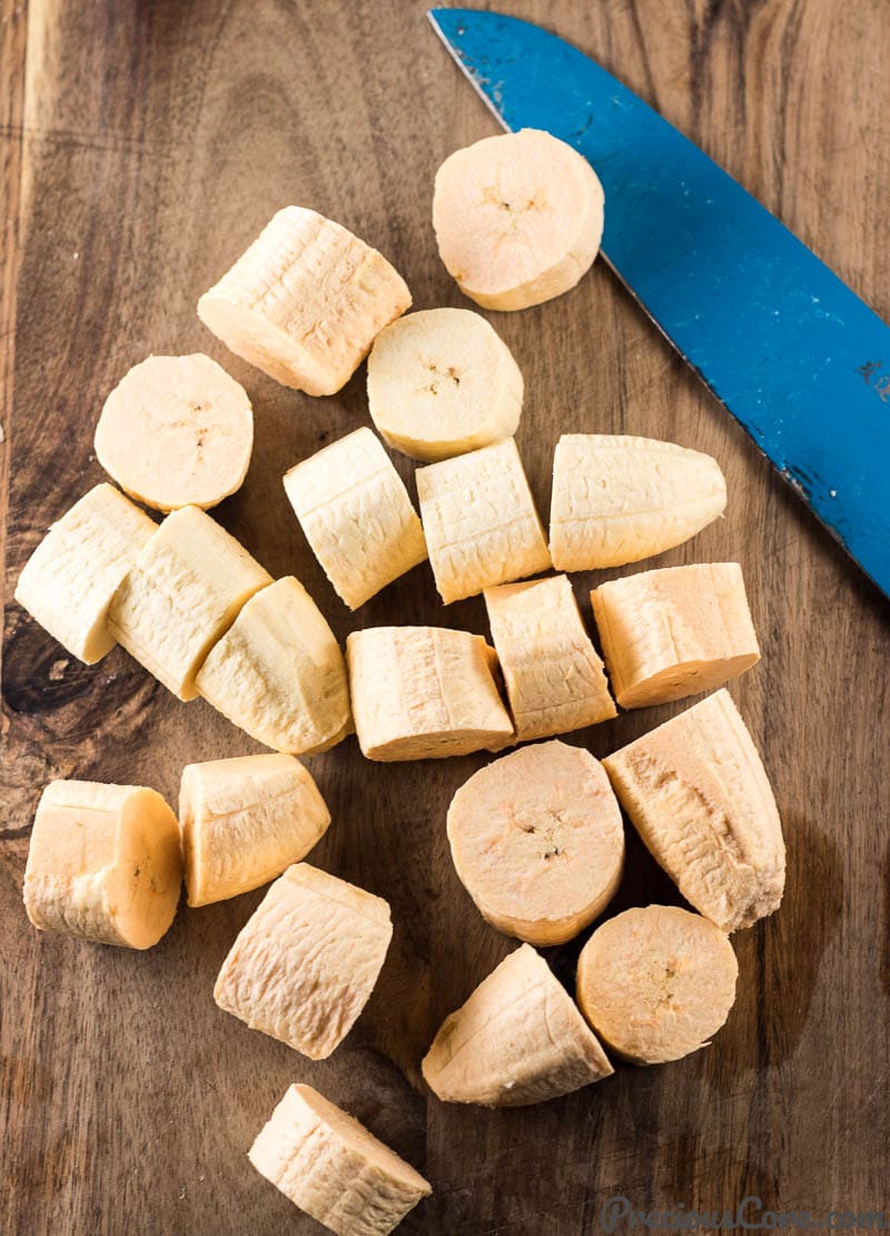 Knife with sliced plantains.