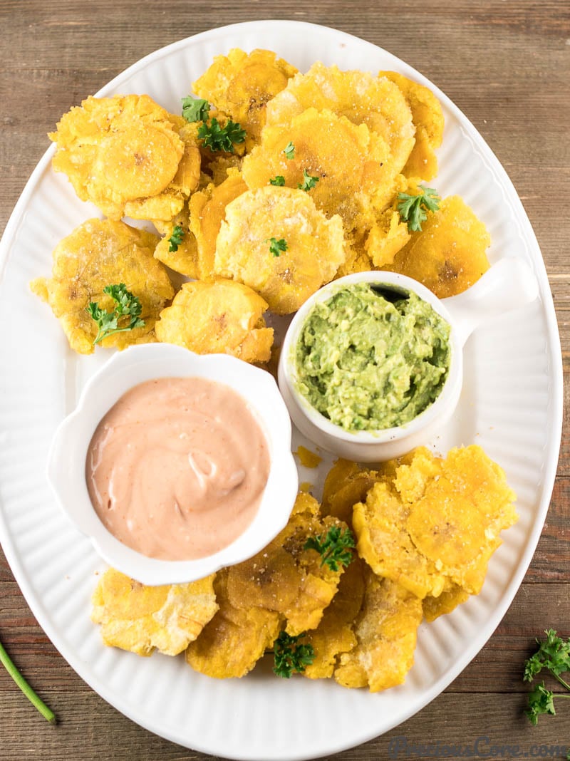 Tray of tostones with dips.