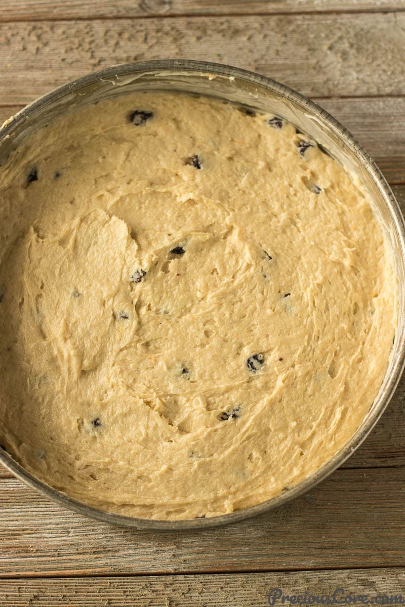 Christmas Fruit Cake batter in a cake pan.