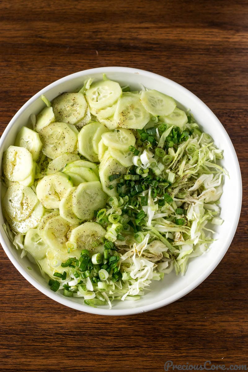 Cabbage Salad in a white bowl.
