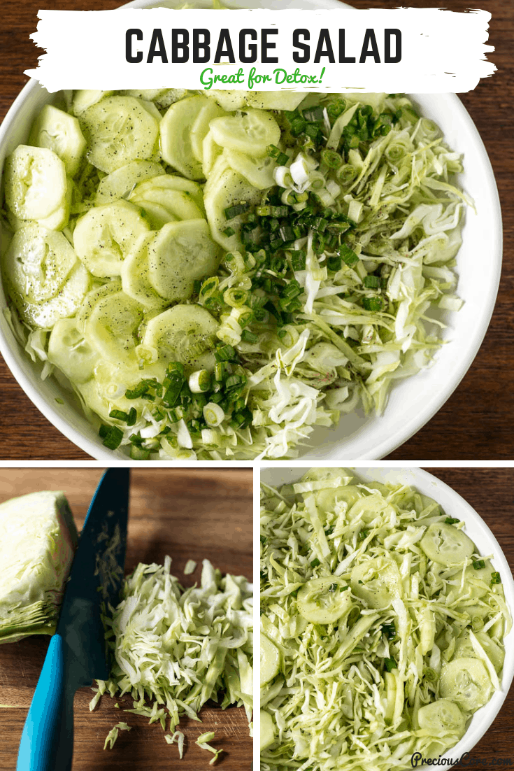 Collage of chopping and creating a cabbage salad.