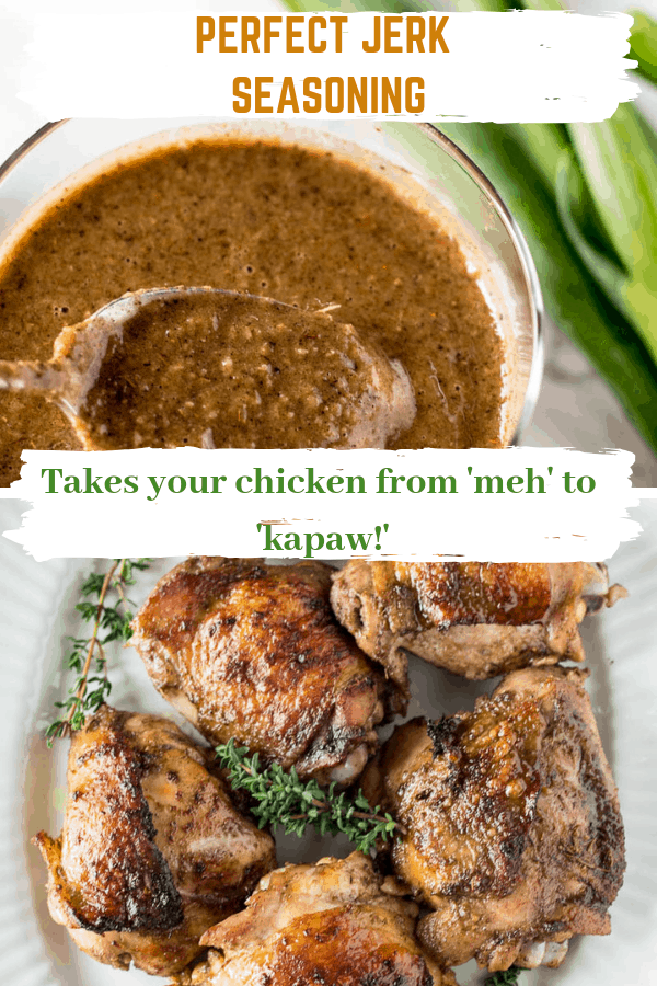 Jamaican jerk pictures with text \"Takes your chicken from \'meh\' to \'kapaw!\'\"