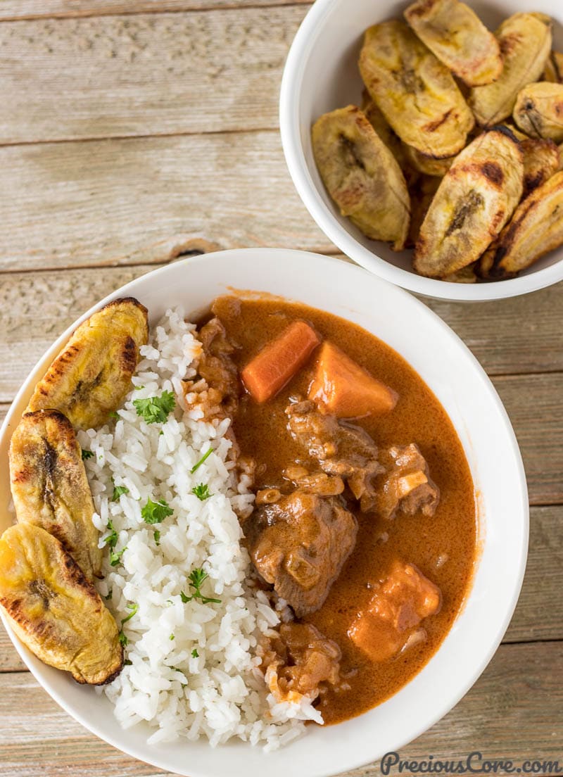 African Peanut Butter Stew served with rice and plantains.