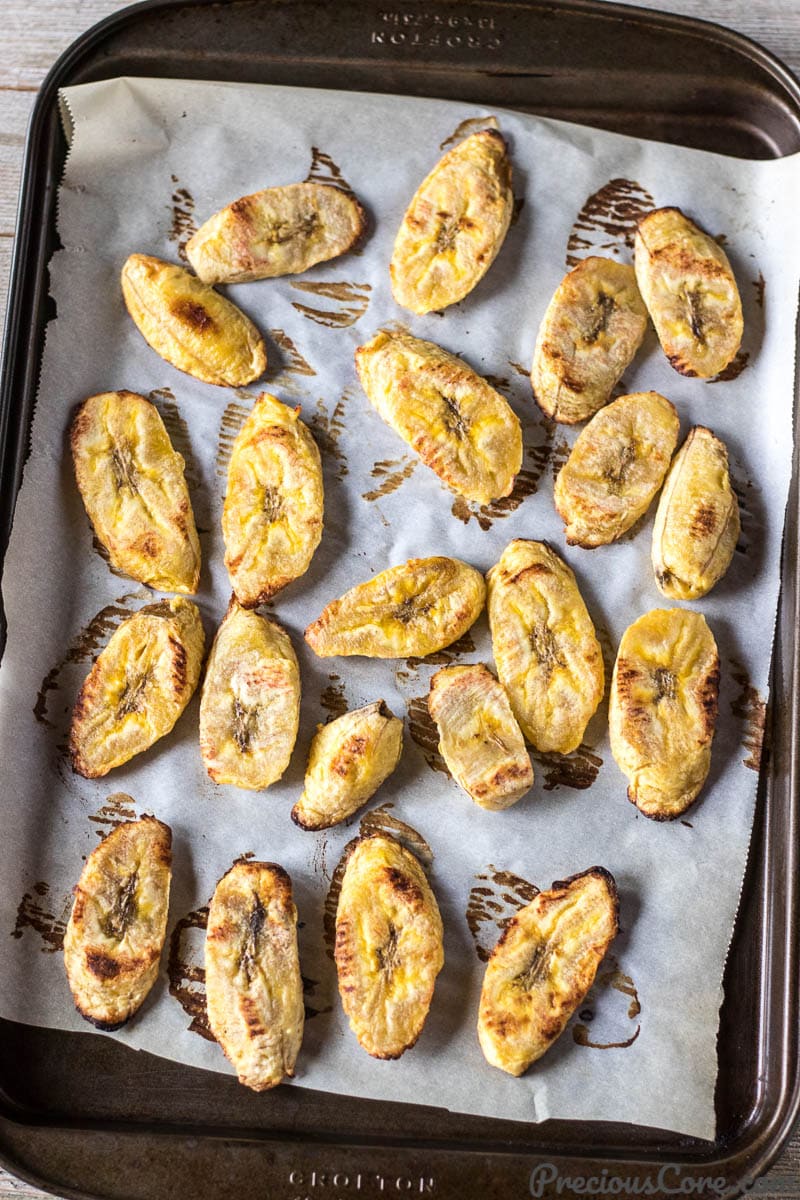 Baked Plantains on a baking heet