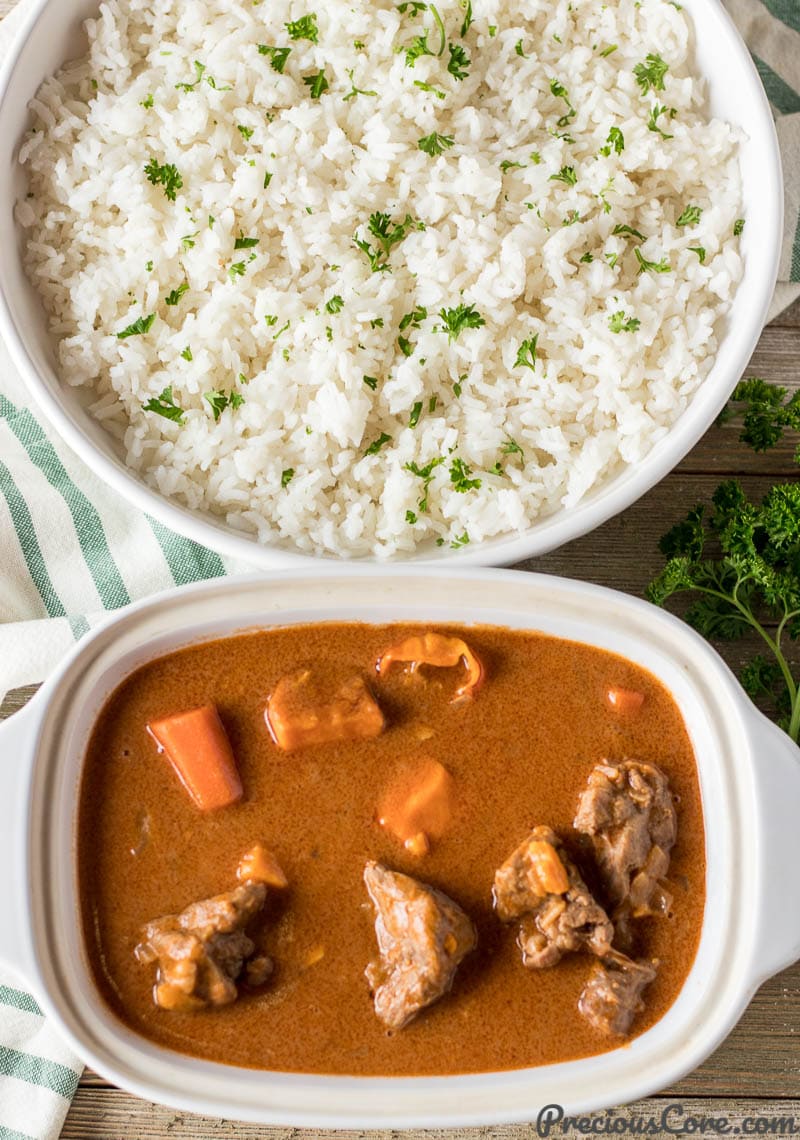 Bowl of African Peanut Stew and Bowl of Rice
