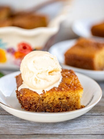 A slice of Malva Pudding topped with a scoop of ice cream.