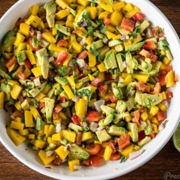 Mango Avocado Salsa in a white bowl