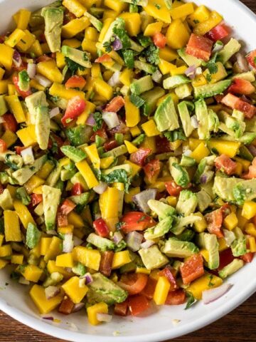 Mango Avocado Salsa in a white bowl