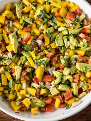 Mango Avocado Salsa in a white bowl