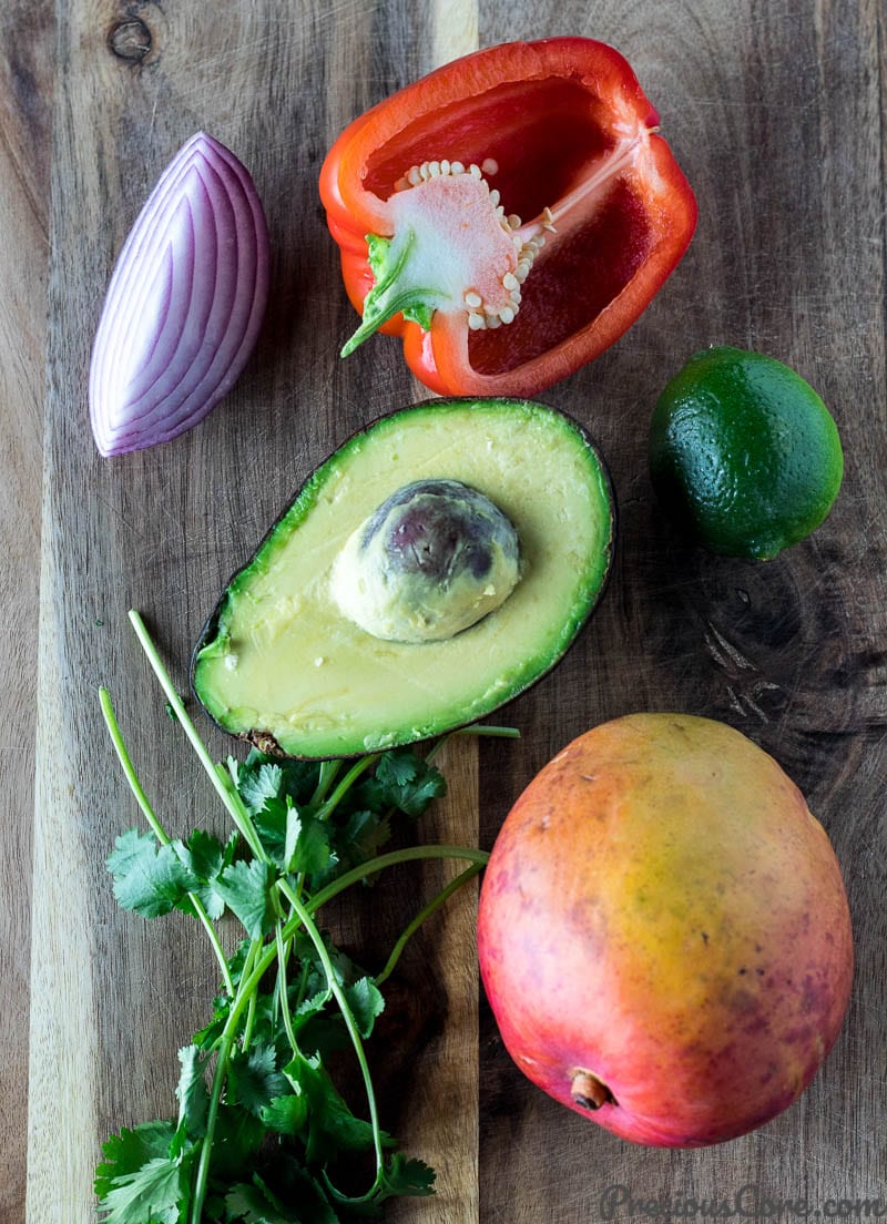 Ingredients for Mango Avocado Salsa on a Chopping Board
