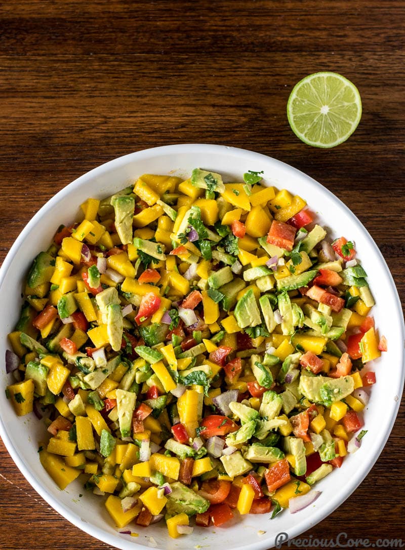 Mango Avocado Salsa in a large white bowl